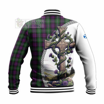 Tartan Vibes Clothing Wilson Tartan Baseball Jacket with Family Crest and St. Andrew's Cross Accented by Thistle Vines