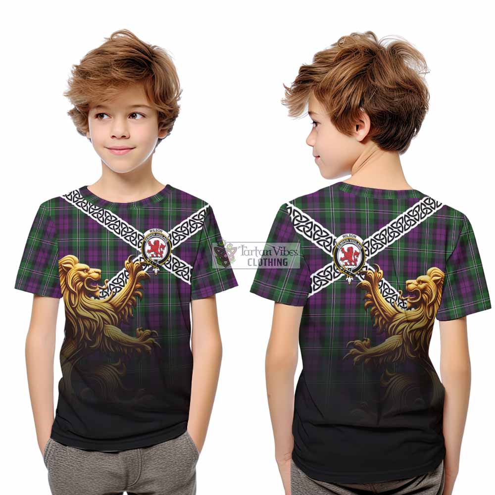 Tartan Vibes Clothing Wilson Crest Tartan Kid T-Shirt with Golden Lion Emblem Celtic Style