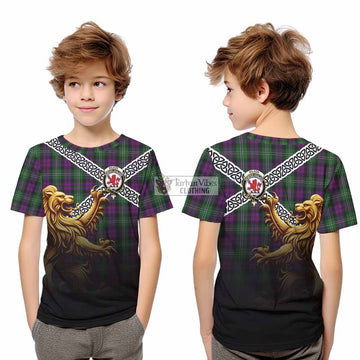 Tartan Vibes Clothing Wilson Crest Tartan Kid T-Shirt with Golden Lion Emblem Celtic Style