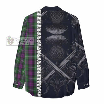 Tartan Vibes Clothing Wilson Tartan Women's Casual Shirt with Family Crest Cross Sword Thistle Celtic Vibes