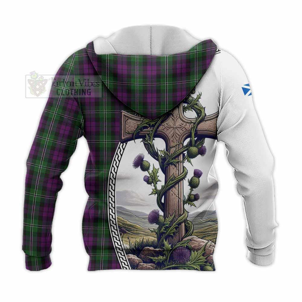 Tartan Vibes Clothing Wilson Tartan Knitted Hoodie with Family Crest and St. Andrew's Cross Accented by Thistle Vines