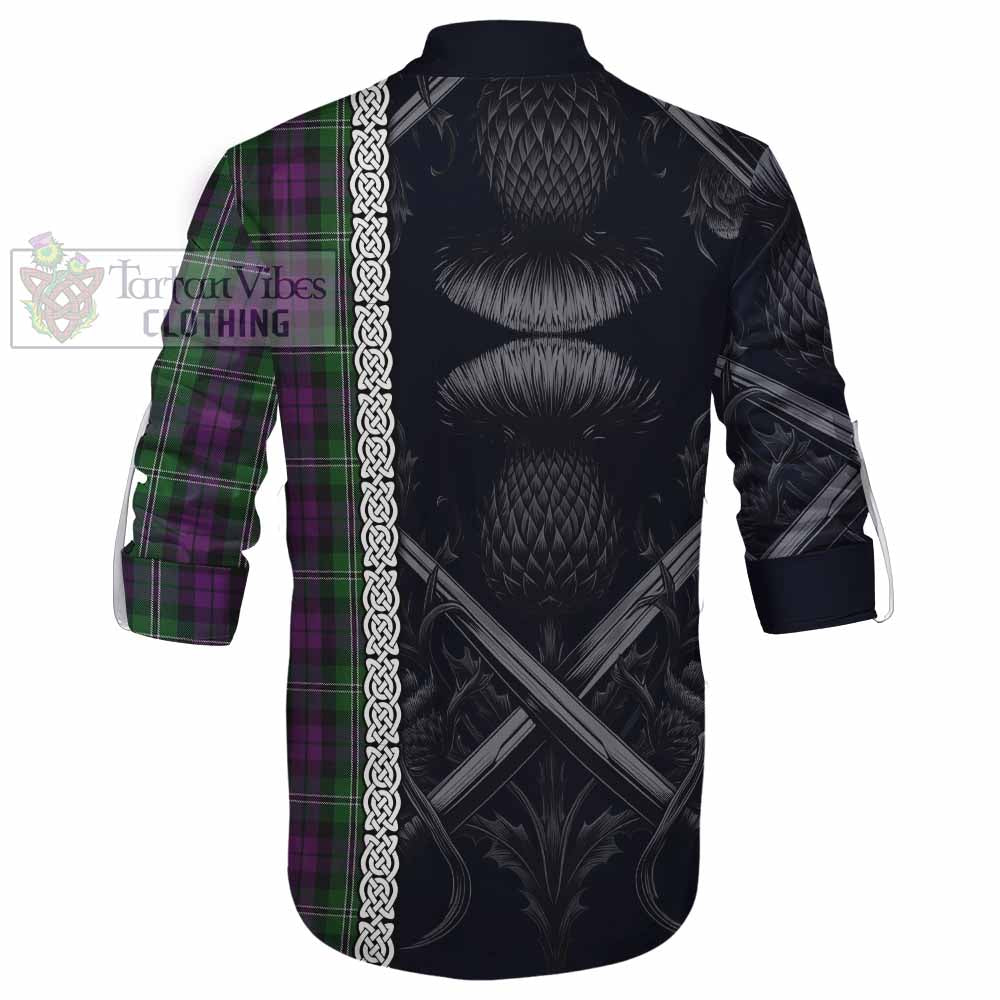 Tartan Vibes Clothing Wilson Tartan Ghillie Kilt Shirt with Family Crest Cross Sword Thistle Celtic Vibes