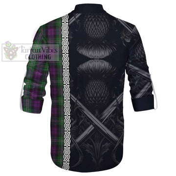 Tartan Vibes Clothing Wilson Tartan Ghillie Kilt Shirt with Family Crest Cross Sword Thistle Celtic Vibes