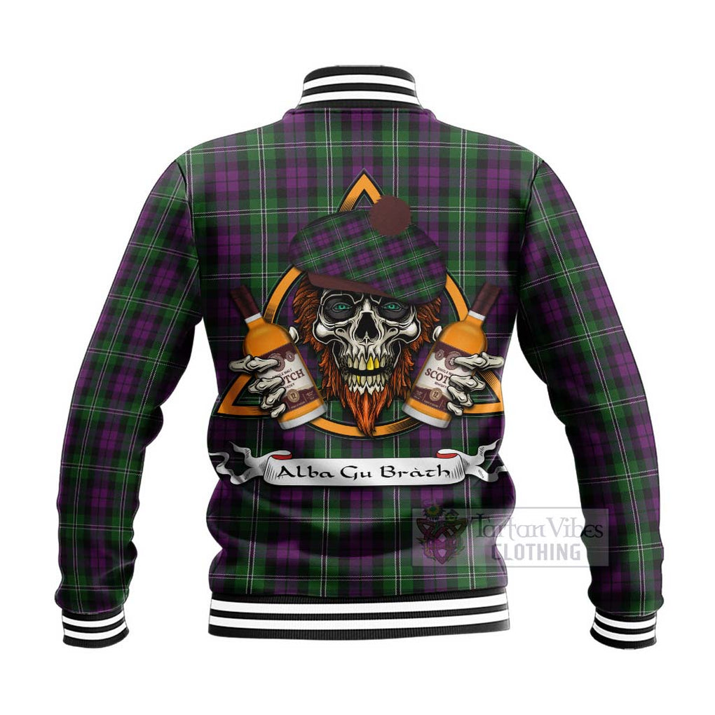 Tartan Vibes Clothing Wilson Tartan Baseball Jacket with Family Crest and Bearded Skull Holding Bottles of Whiskey