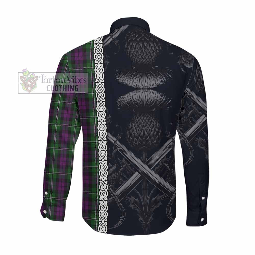 Tartan Vibes Clothing Wilson Tartan Long Sleeve Button Shirt with Family Crest Cross Sword Thistle Celtic Vibes