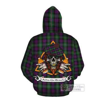 Tartan Vibes Clothing Wilson Tartan Cotton Hoodie with Family Crest and Bearded Skull Holding Bottles of Whiskey