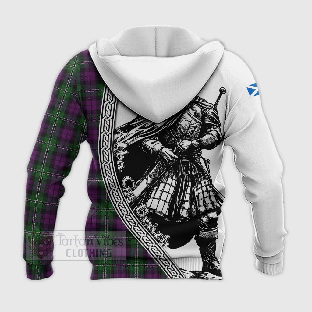 Tartan Vibes Clothing Wilson Tartan Clan Crest Knitted Hoodie with Highlander Warrior Celtic Style