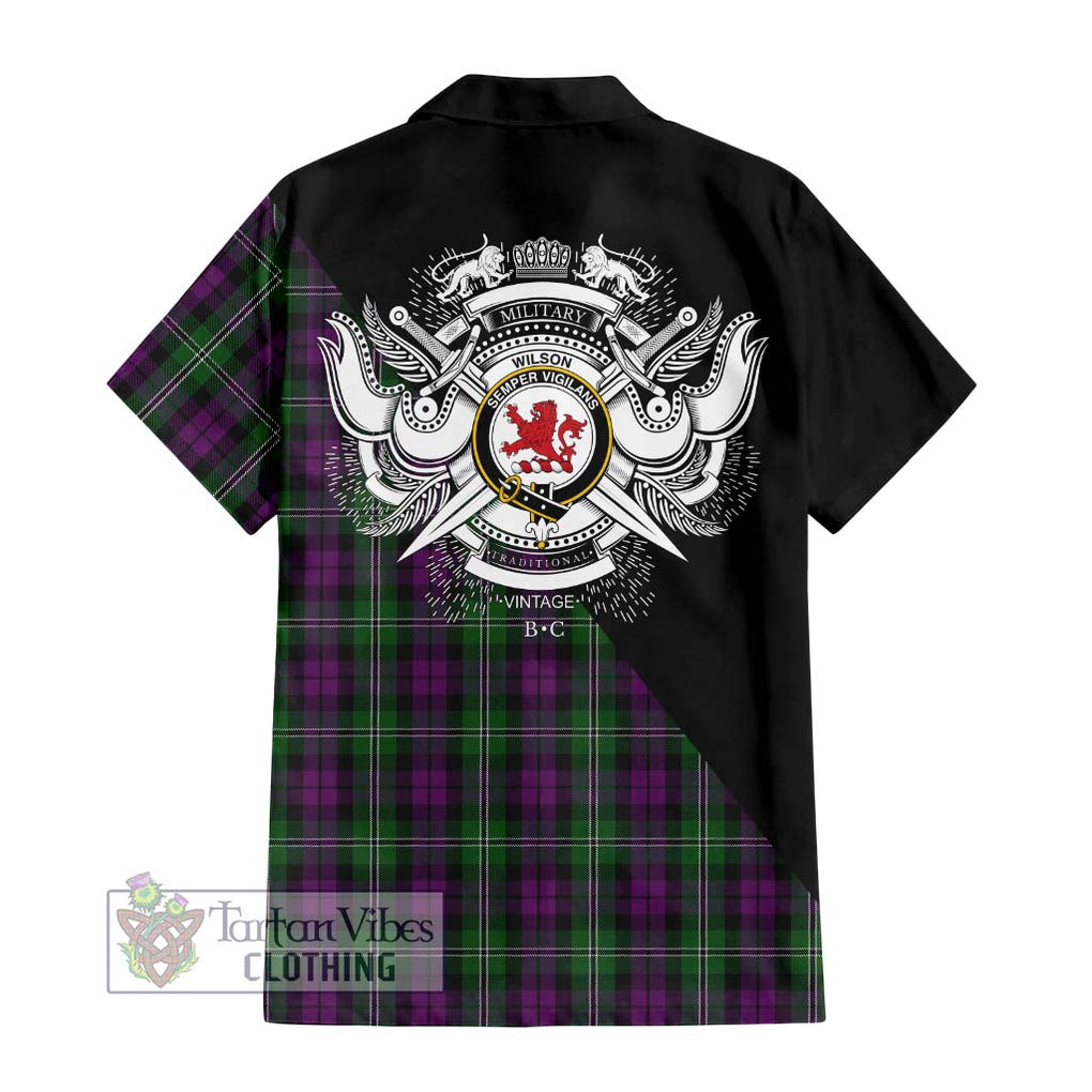 Wilson Tartan Short Sleeve Button Shirt with Family Crest and Military Logo Style - Tartanvibesclothing Shop