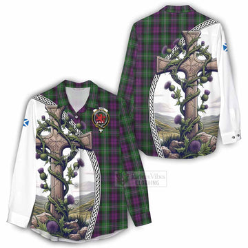 Tartan Vibes Clothing Wilson Tartan Women's Casual Shirt with Family Crest and St. Andrew's Cross Accented by Thistle Vines