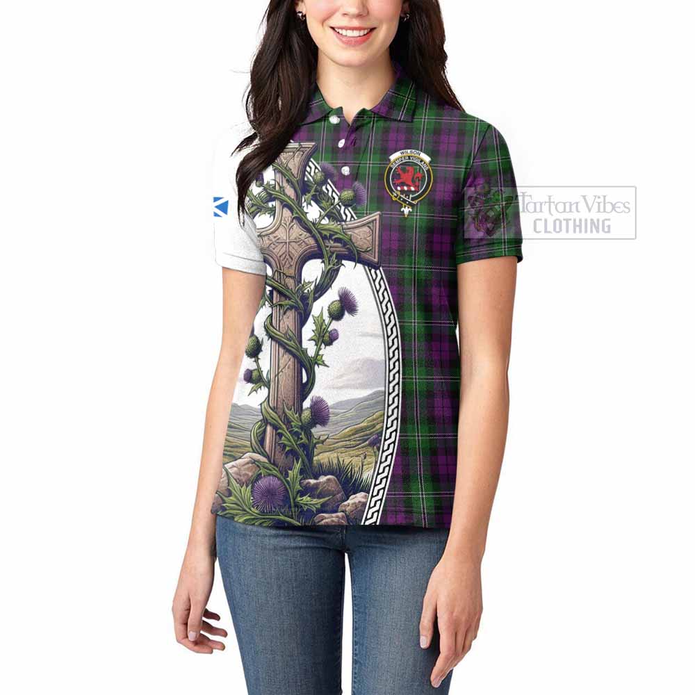 Tartan Vibes Clothing Wilson Tartan Women's Polo Shirt with Family Crest and St. Andrew's Cross Accented by Thistle Vines