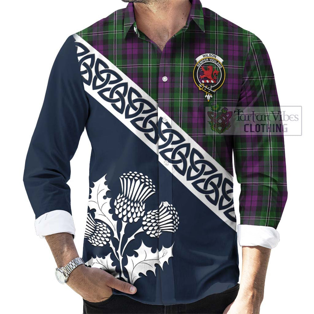 Tartan Vibes Clothing Wilson Tartan Long Sleeve Button Shirt Featuring Thistle and Scotland Map