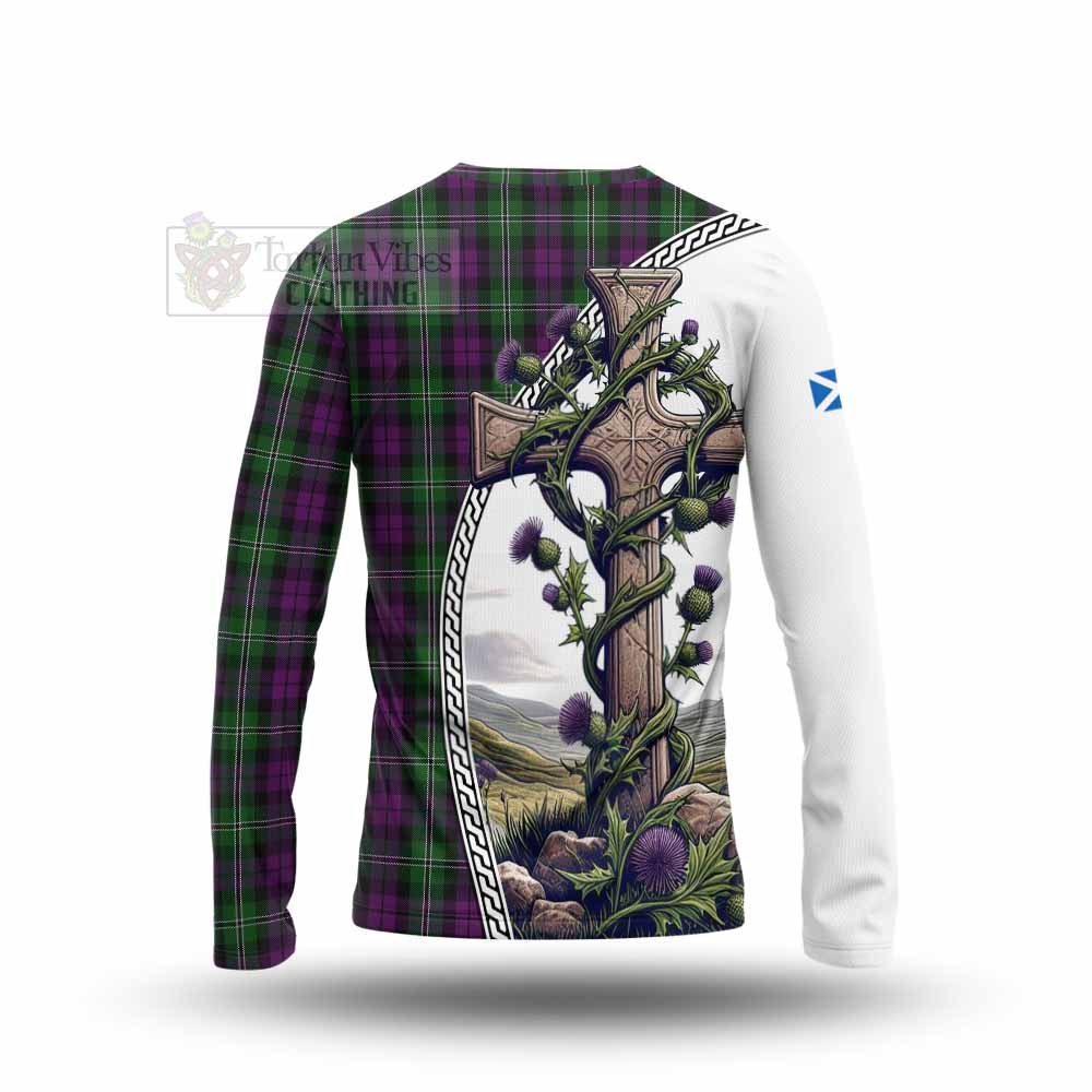 Tartan Vibes Clothing Wilson Tartan Long Sleeve T-Shirt with Family Crest and St. Andrew's Cross Accented by Thistle Vines