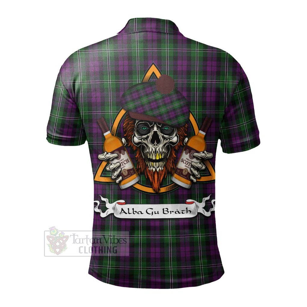 Tartan Vibes Clothing Wilson Tartan Polo Shirt with Family Crest and Bearded Skull Holding Bottles of Whiskey