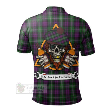 Tartan Vibes Clothing Wilson Tartan Polo Shirt with Family Crest and Bearded Skull Holding Bottles of Whiskey