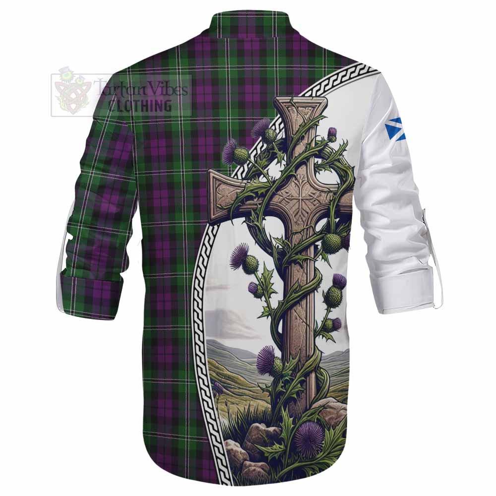 Tartan Vibes Clothing Wilson Tartan Ghillie Kilt Shirt with Family Crest and St. Andrew's Cross Accented by Thistle Vines