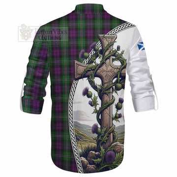 Tartan Vibes Clothing Wilson Tartan Ghillie Kilt Shirt with Family Crest and St. Andrew's Cross Accented by Thistle Vines