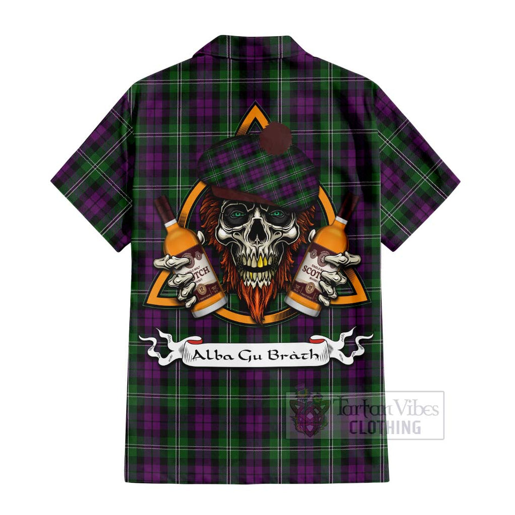 Tartan Vibes Clothing Wilson Tartan Short Sleeve Button Shirt with Family Crest and Bearded Skull Holding Bottles of Whiskey