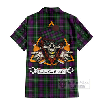 Tartan Vibes Clothing Wilson Tartan Short Sleeve Button Shirt with Family Crest and Bearded Skull Holding Bottles of Whiskey