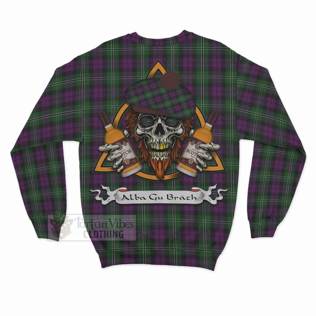 Tartan Vibes Clothing Wilson Tartan Sweatshirt with Family Crest and Bearded Skull Holding Bottles of Whiskey