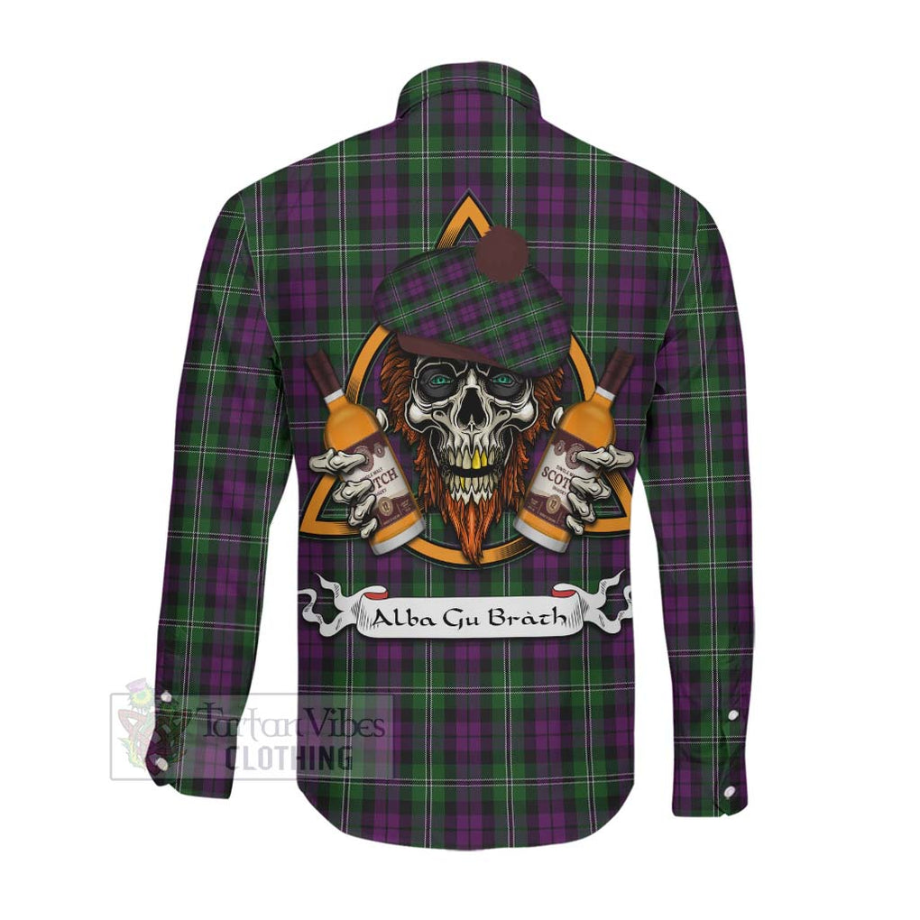 Tartan Vibes Clothing Wilson Tartan Long Sleeve Button Shirt with Family Crest and Bearded Skull Holding Bottles of Whiskey