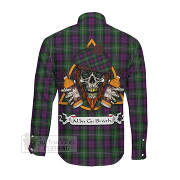 Tartan Vibes Clothing Wilson Tartan Long Sleeve Button Shirt with Family Crest and Bearded Skull Holding Bottles of Whiskey