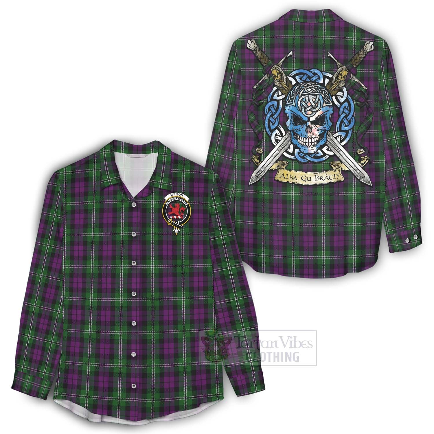 Tartan Vibes Clothing Wilson Tartan Women's Casual Shirt with Family Crest Celtic Skull Style