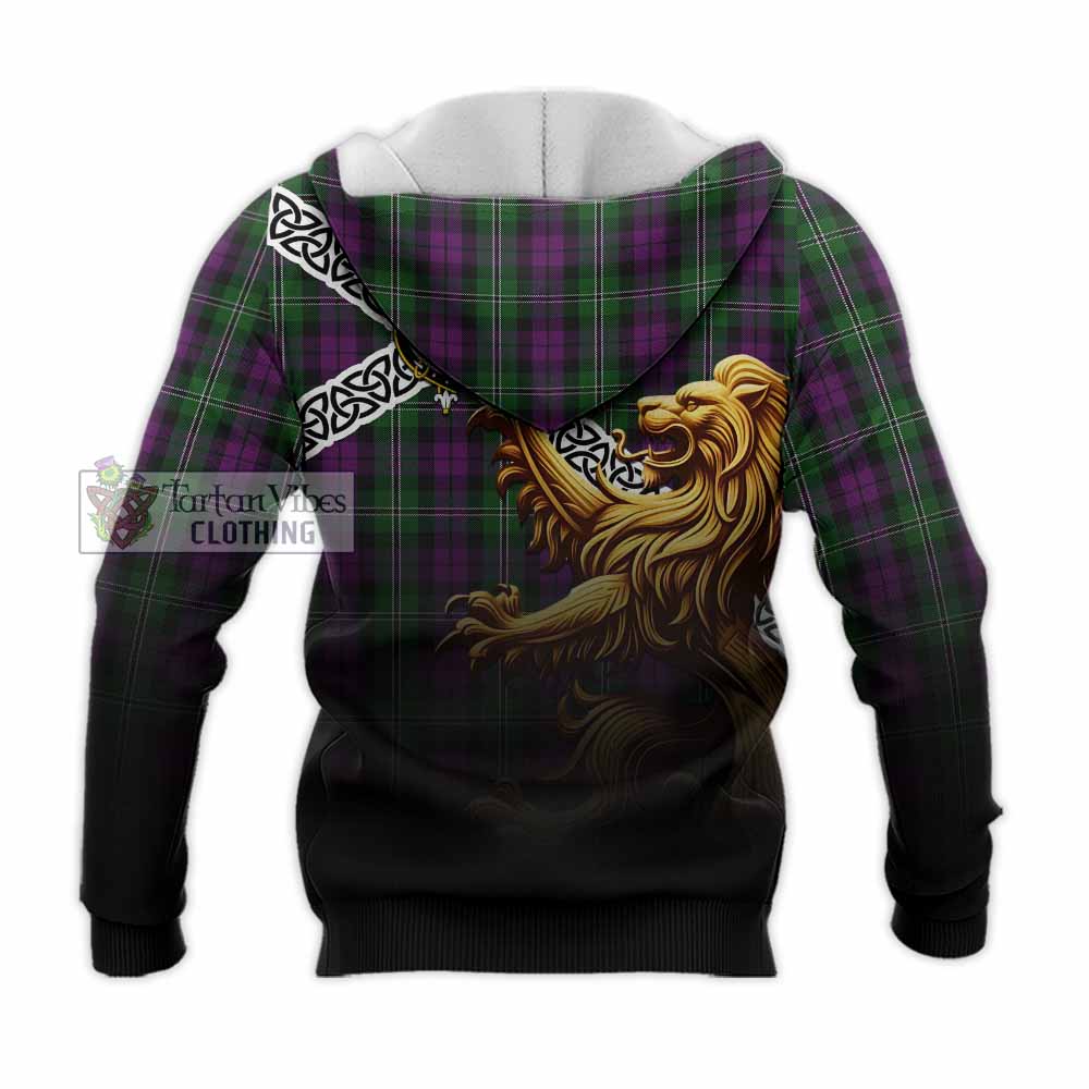 Tartan Vibes Clothing Wilson Crest Tartan Knitted Hoodie with Golden Lion Emblem Celtic Style