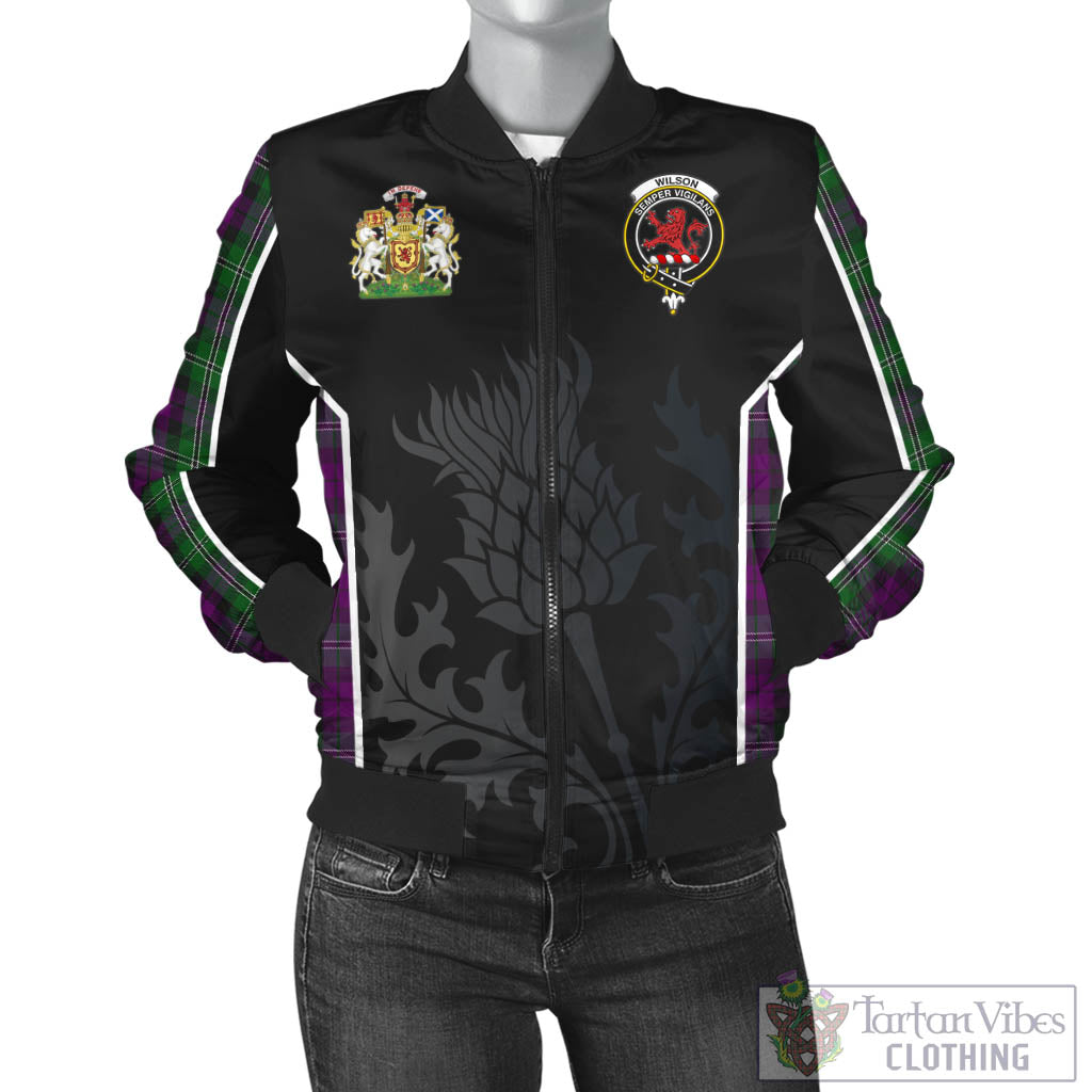 Tartan Vibes Clothing Wilson Tartan Bomber Jacket with Family Crest and Scottish Thistle Vibes Sport Style