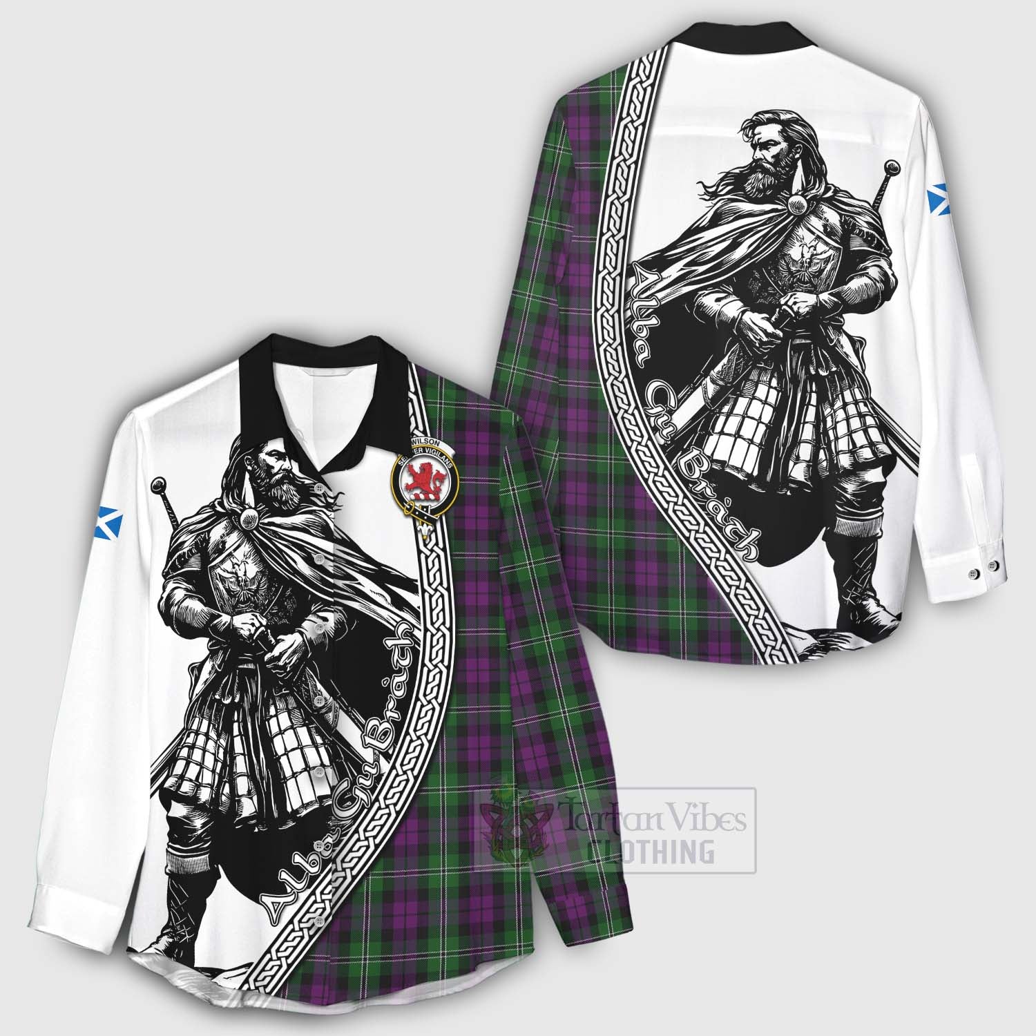 Tartan Vibes Clothing Wilson Tartan Clan Crest Women's Casual Shirt with Highlander Warrior Celtic Style