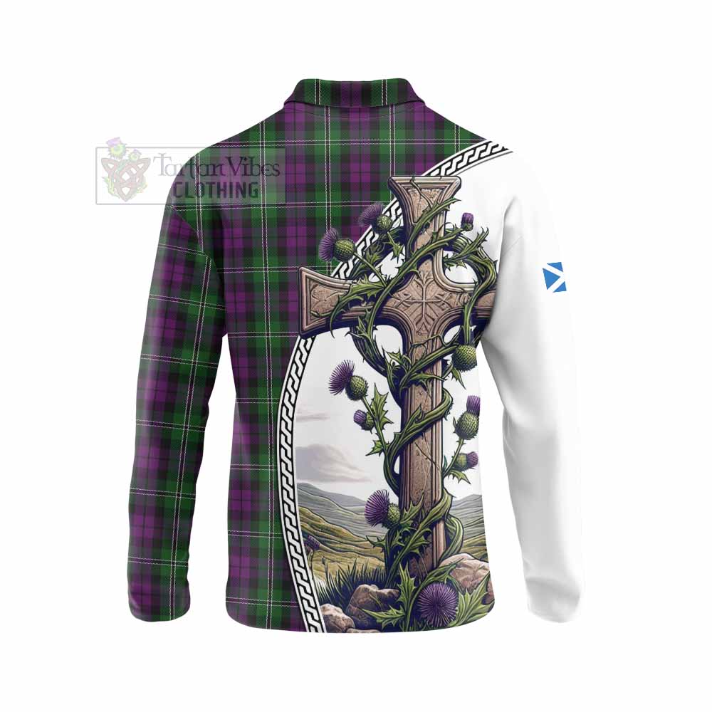 Tartan Vibes Clothing Wilson Tartan Long Sleeve Polo Shirt with Family Crest and St. Andrew's Cross Accented by Thistle Vines