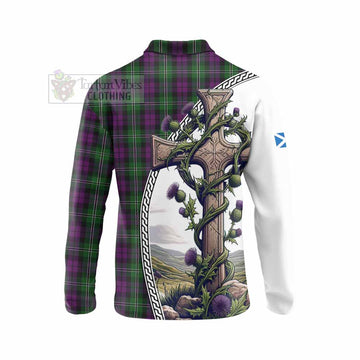 Tartan Vibes Clothing Wilson Tartan Long Sleeve Polo Shirt with Family Crest and St. Andrew's Cross Accented by Thistle Vines