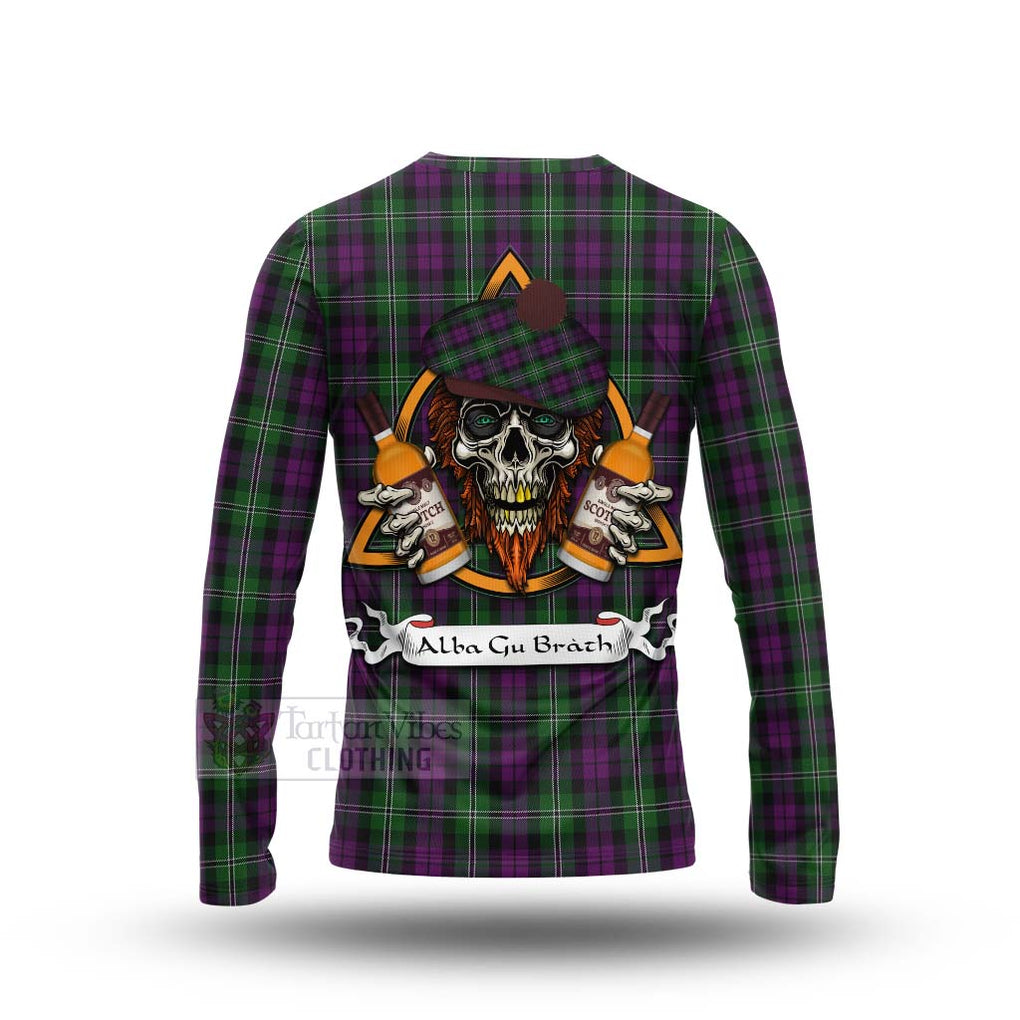 Tartan Vibes Clothing Wilson Tartan Long Sleeve T-Shirt with Family Crest and Bearded Skull Holding Bottles of Whiskey