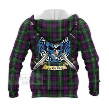 Tartan Vibes Clothing Wilson Tartan Knitted Hoodie with Family Crest Celtic Skull Style