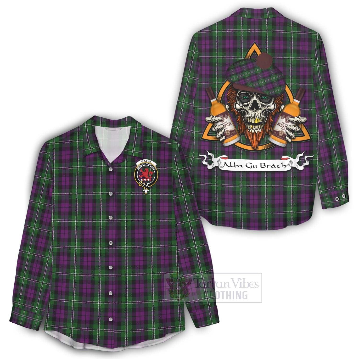 Tartan Vibes Clothing Wilson Tartan Women's Casual Shirt with Family Crest and Bearded Skull Holding Bottles of Whiskey