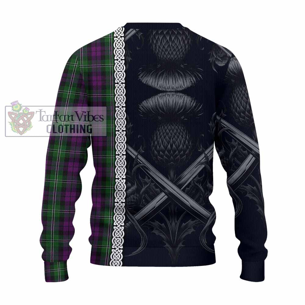 Tartan Vibes Clothing Wilson Tartan Knitted Sweater with Family Crest Cross Sword Thistle Celtic Vibes
