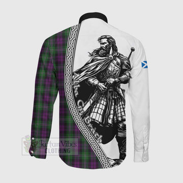 Tartan Vibes Clothing Wilson Tartan Clan Crest Long Sleeve Button Shirt with Highlander Warrior Celtic Style