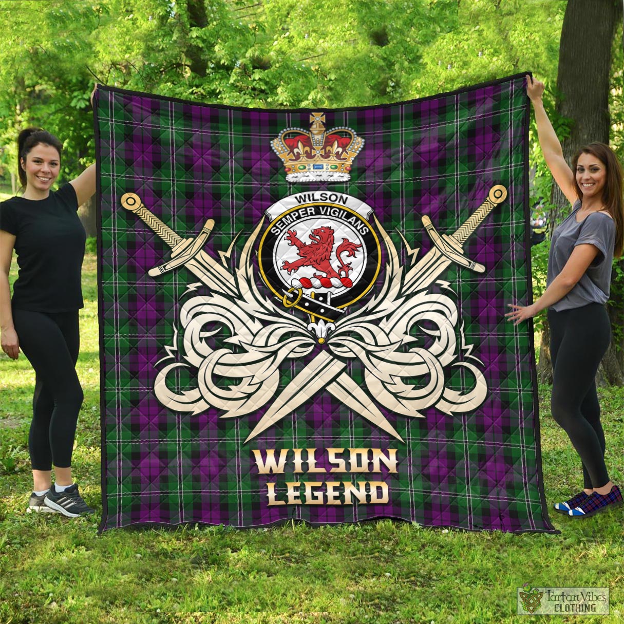 Tartan Vibes Clothing Wilson Tartan Quilt with Clan Crest and the Golden Sword of Courageous Legacy