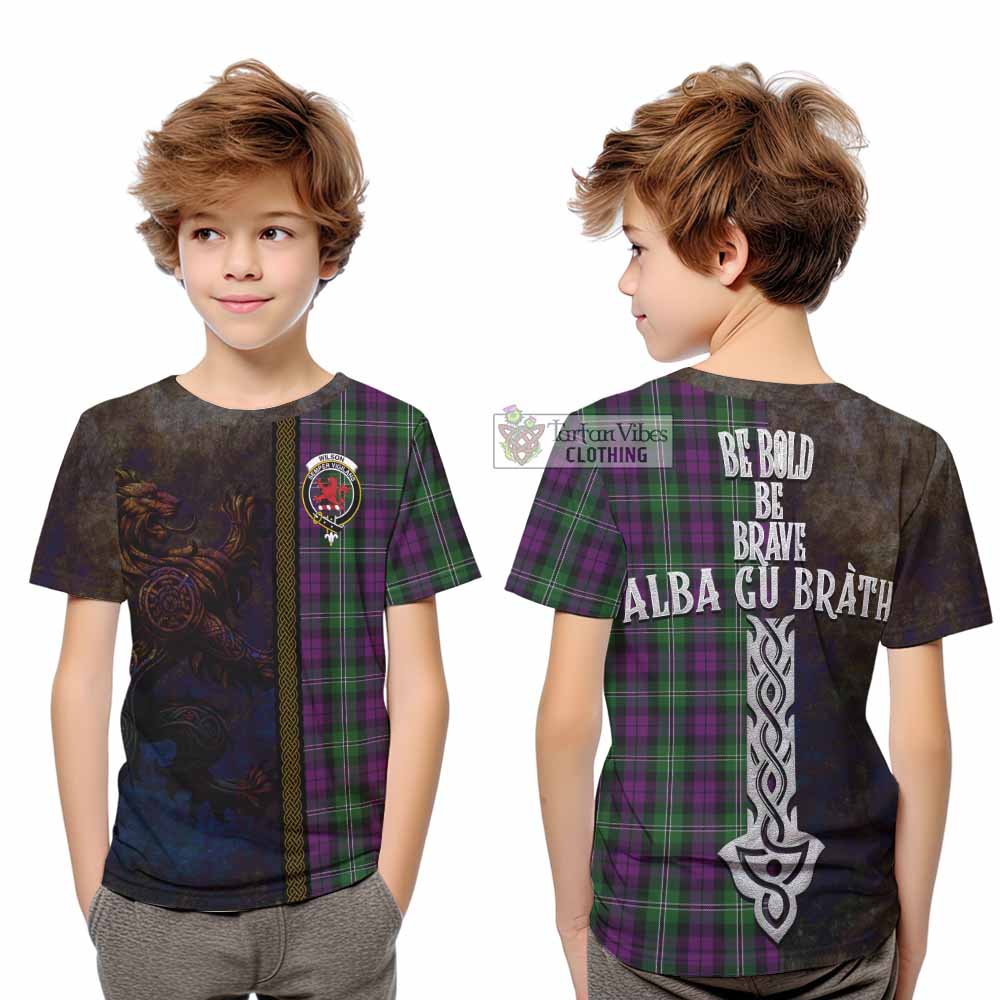 Tartan Vibes Clothing Wilson Tartan Family Crest Kid T-Shirt Alba Gu Brath Be Brave Lion Ancient Style