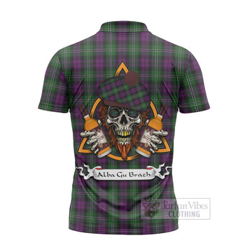 Tartan Vibes Clothing Wilson Tartan Zipper Polo Shirt with Family Crest and Bearded Skull Holding Bottles of Whiskey