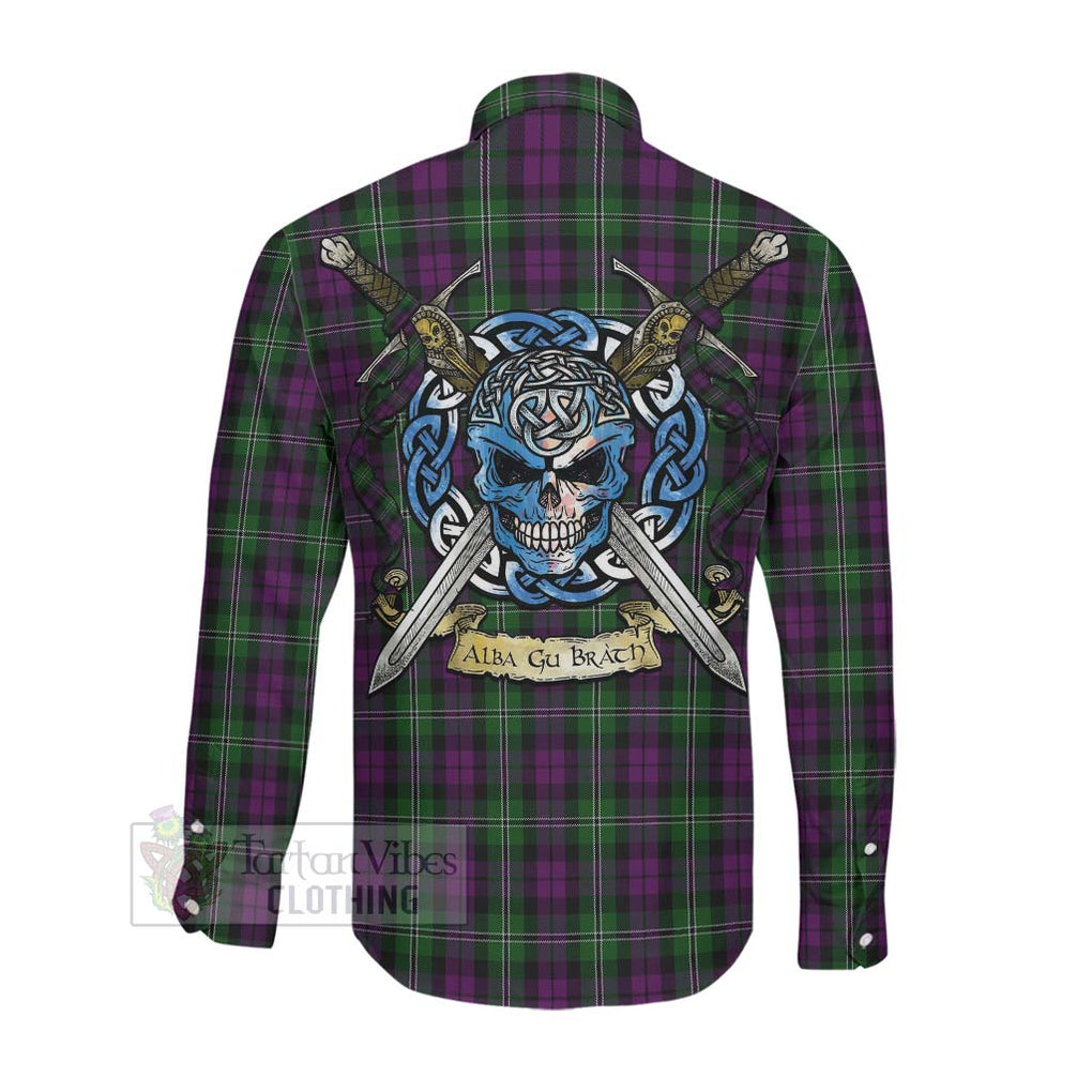 Tartan Vibes Clothing Wilson Tartan Long Sleeve Button Shirt with Family Crest Celtic Skull Style