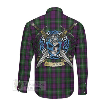 Tartan Vibes Clothing Wilson Tartan Long Sleeve Button Shirt with Family Crest Celtic Skull Style