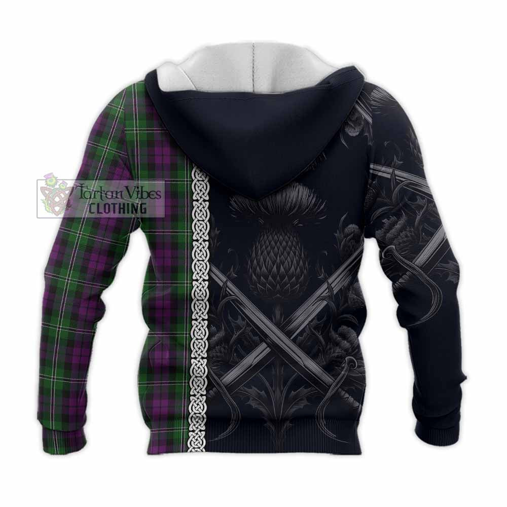Tartan Vibes Clothing Wilson Tartan Knitted Hoodie with Family Crest Cross Sword Thistle Celtic Vibes