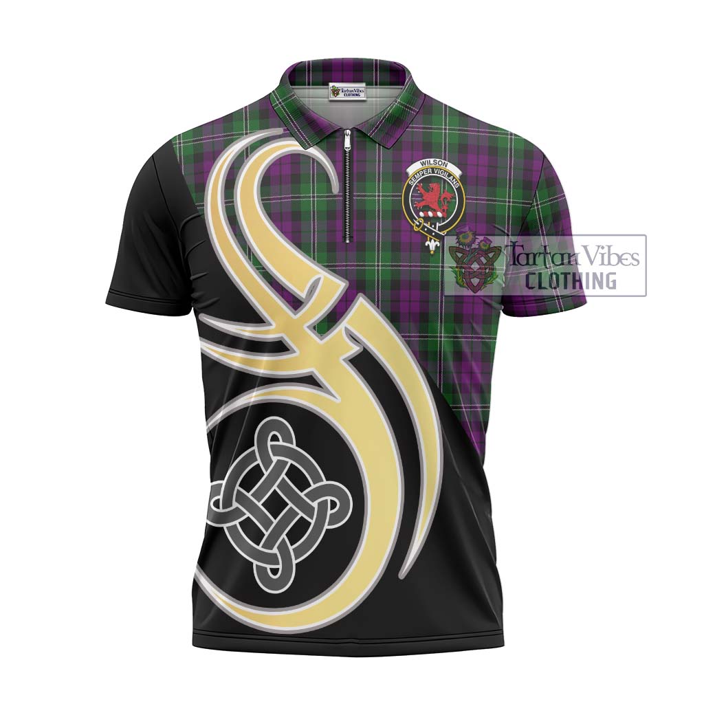 Tartan Vibes Clothing Wilson Tartan Zipper Polo Shirt with Family Crest and Celtic Symbol Style