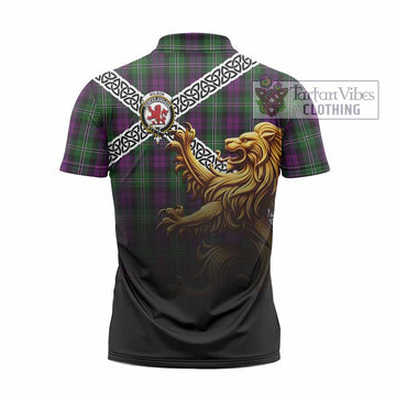 Tartan Vibes Clothing Wilson Crest Tartan Zipper Polo Shirt with Golden Lion Emblem Celtic Style