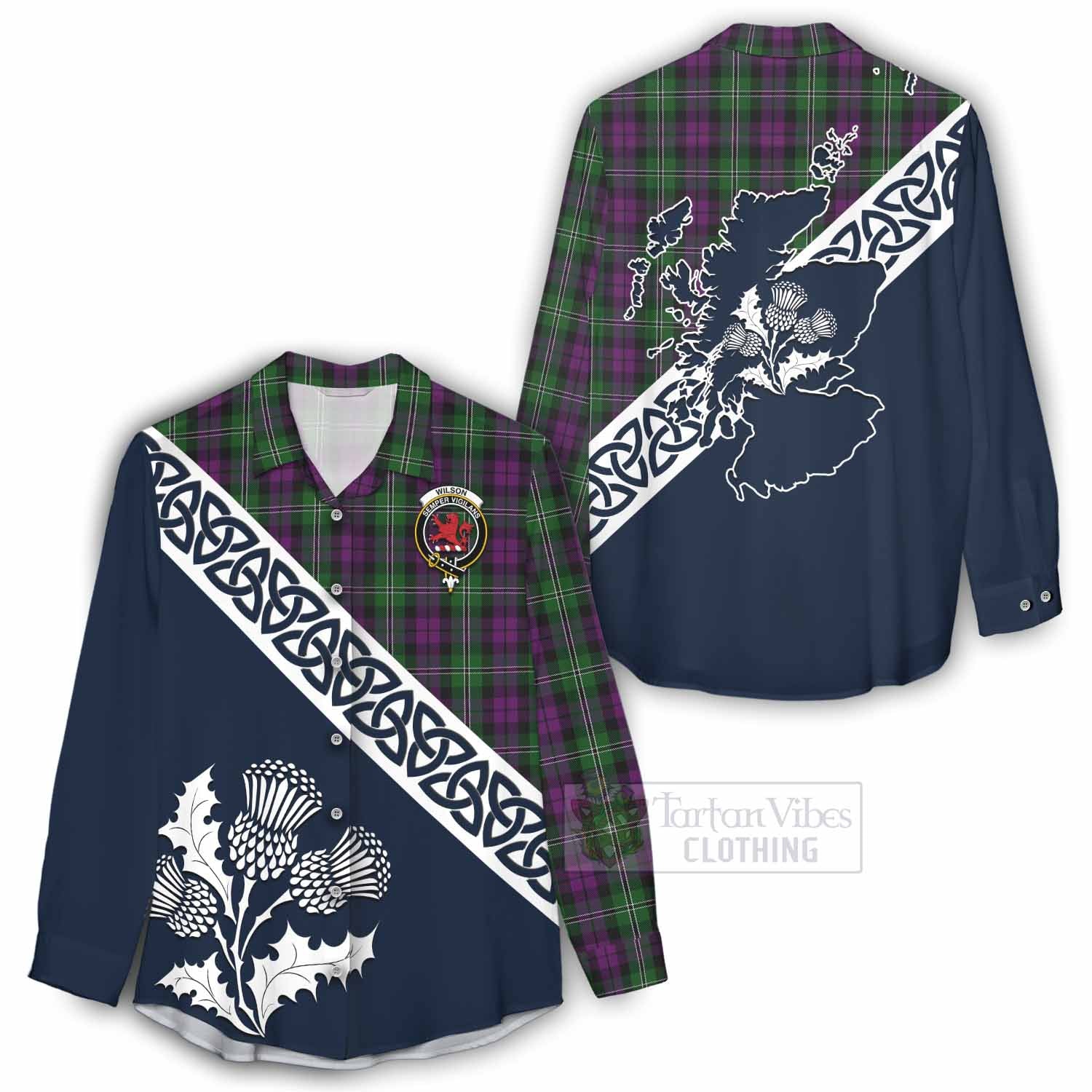 Tartan Vibes Clothing Wilson Tartan Women's Casual Shirt Featuring Thistle and Scotland Map