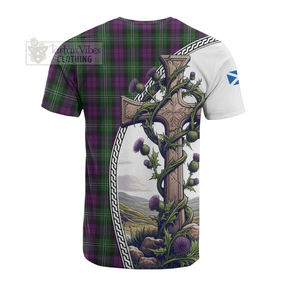 Tartan Vibes Clothing Wilson Tartan Cotton T-shirt with Family Crest and St. Andrew's Cross Accented by Thistle Vines