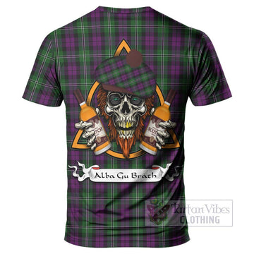 Tartan Vibes Clothing Wilson Tartan T-Shirt with Family Crest and Bearded Skull Holding Bottles of Whiskey