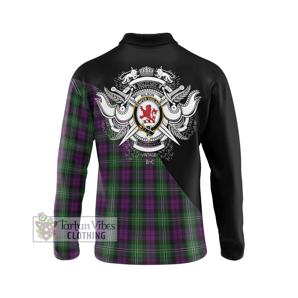 Wilson Tartan Long Sleeve Polo Shirt with Family Crest and Military Logo Style - Tartanvibesclothing Shop