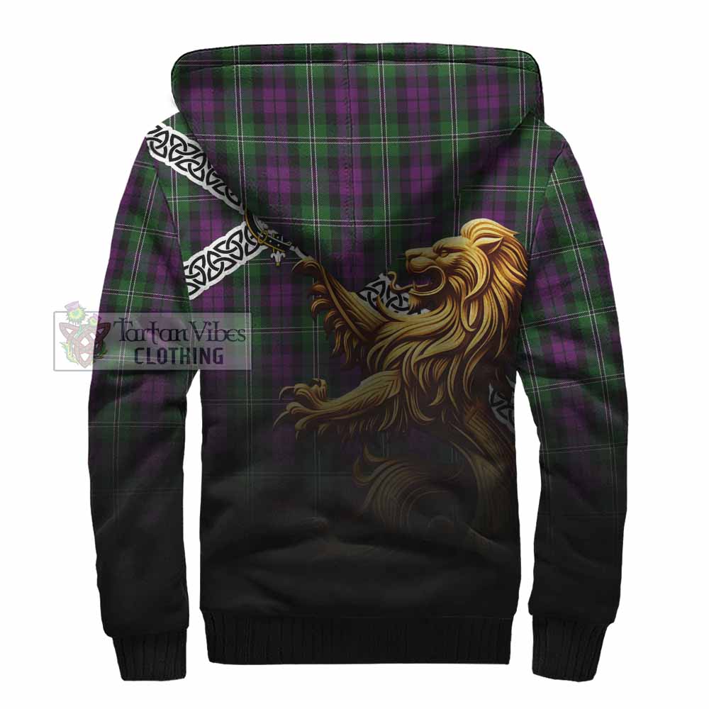 Tartan Vibes Clothing Wilson Crest Tartan Sherpa Hoodie with Golden Lion Emblem Celtic Style