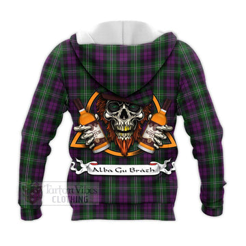 Tartan Vibes Clothing Wilson Tartan Knitted Hoodie with Family Crest and Bearded Skull Holding Bottles of Whiskey